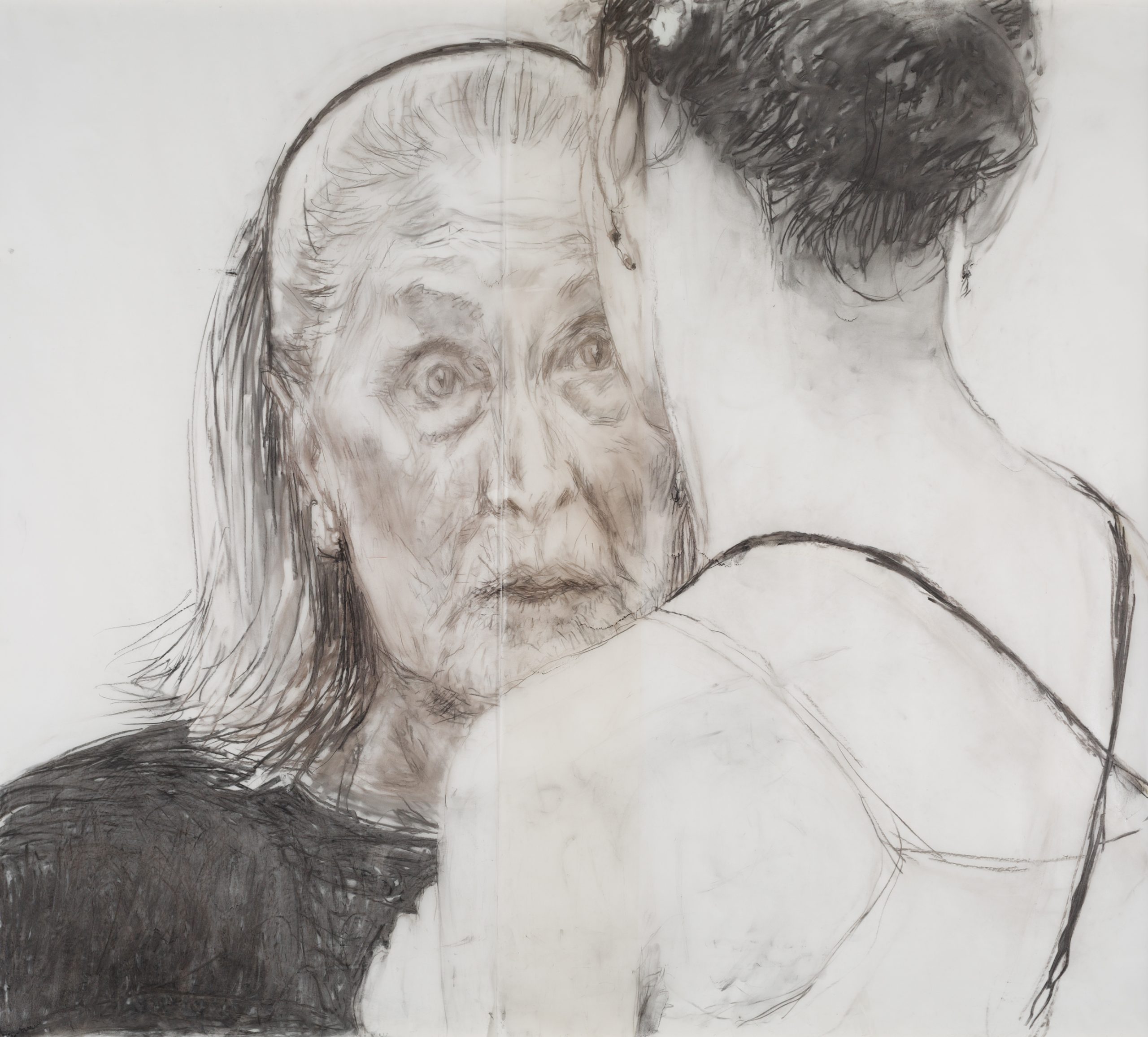Pencil sketch of a dancer who is turned away from us and looking into the eyes of an older woman, slightly obscuring her. The older woman's gaze is intense and her hair is pushed back with a hairband.