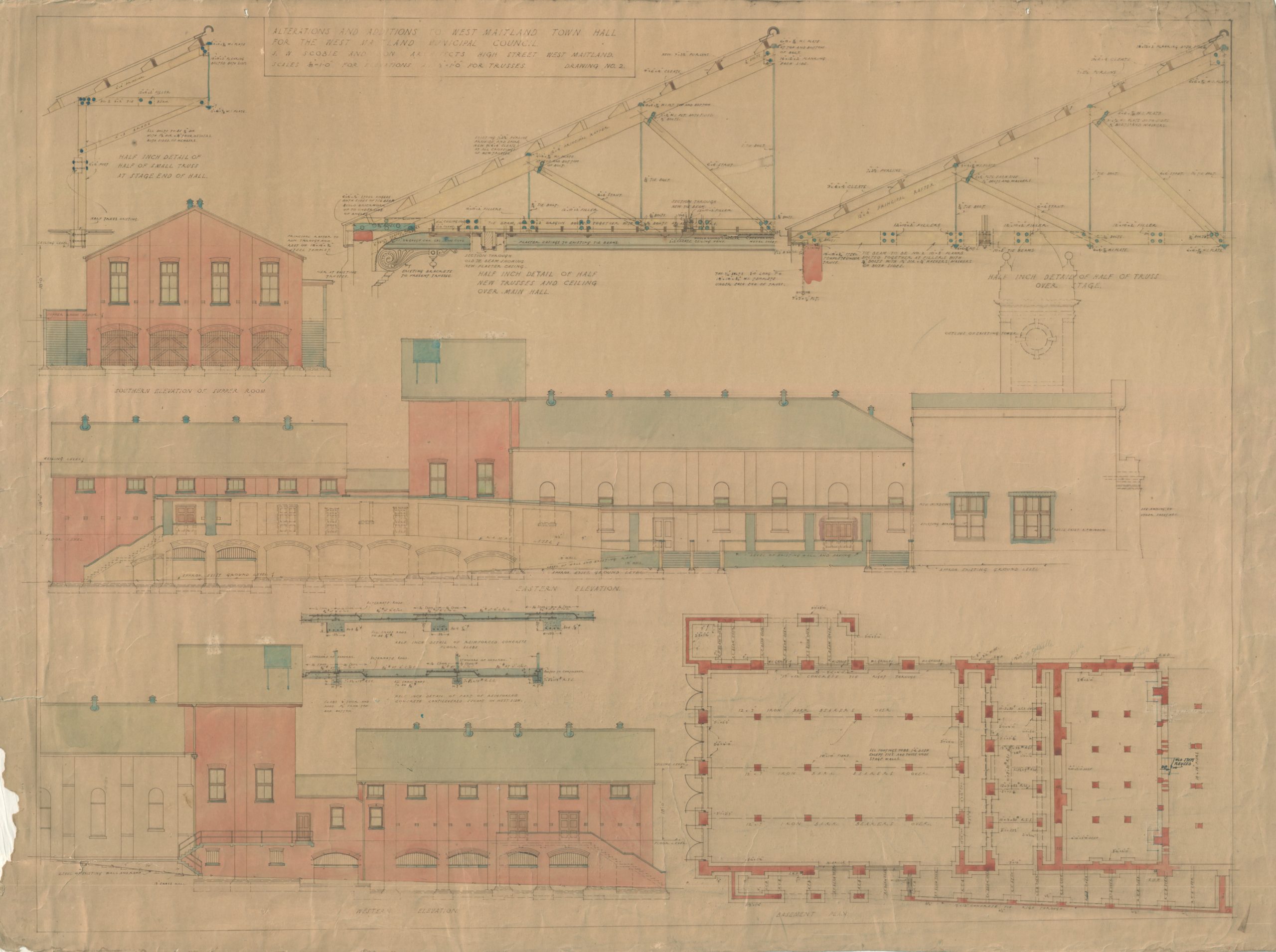 hand-drawn architectural plan for West Maitland Town Hall depicting a floor plan alongside various cross-sections