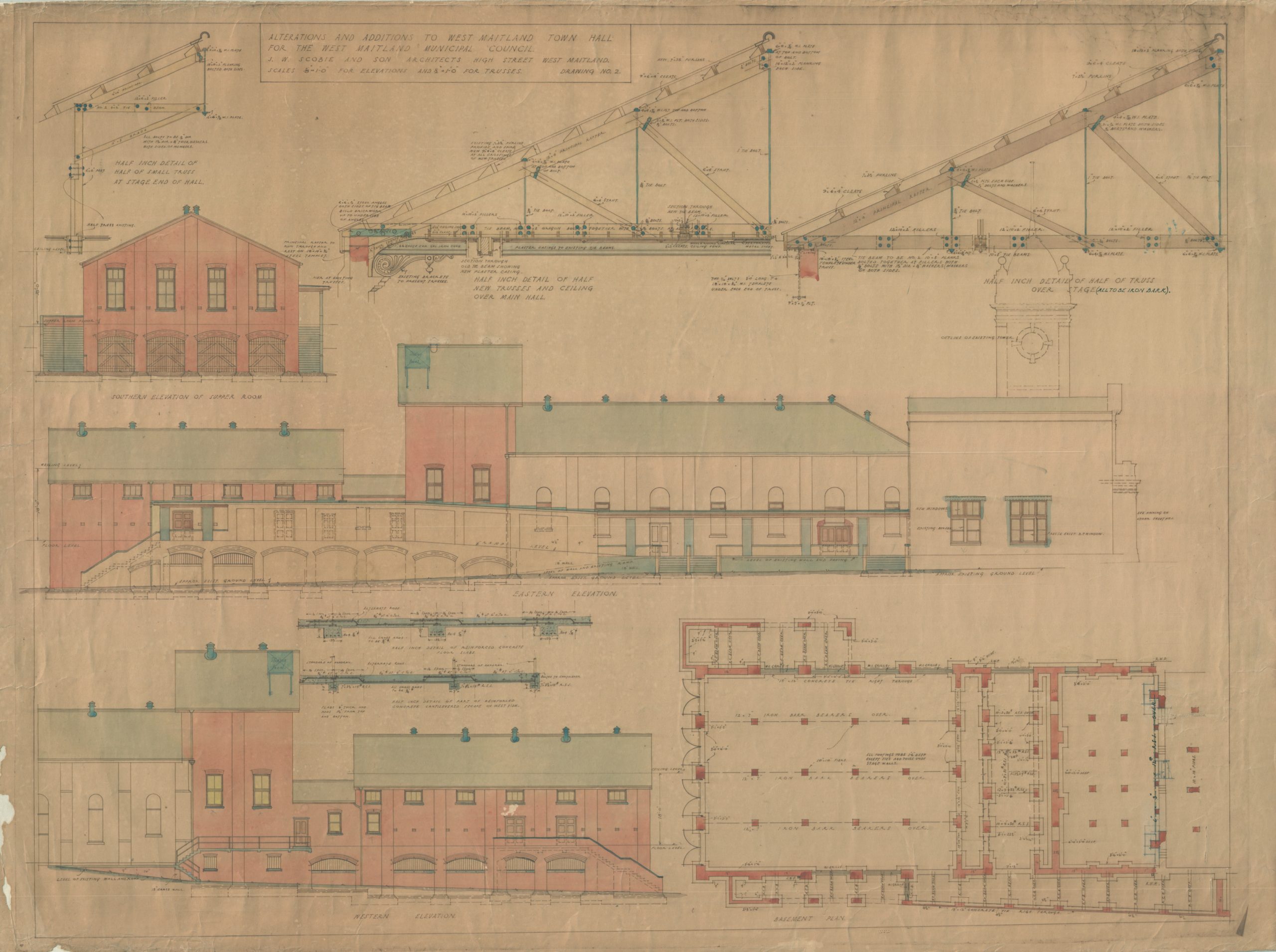 hand-drawn architectural plan for West Maitland Town Hall depicting a floor plan alongside various cross-sections
