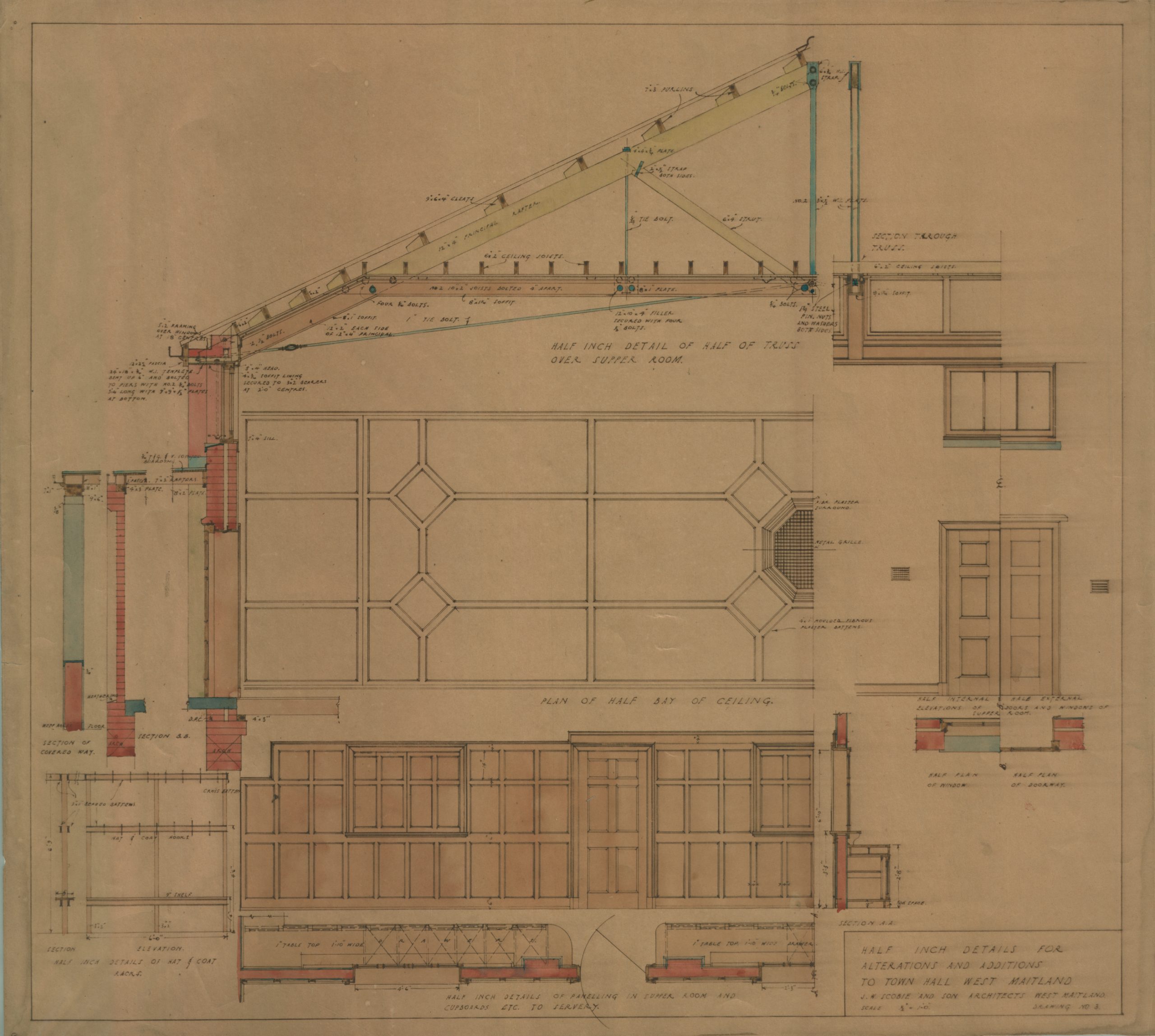 hand-drawn architectural plan for West Maitland Town Hall depicting a vertical cross-section