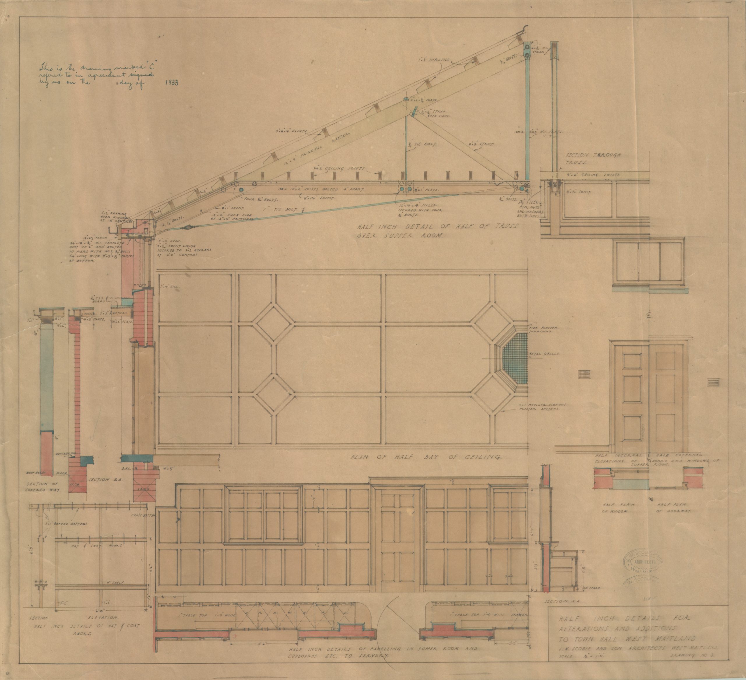 hand-drawn architectural plan for West Maitland Town Hall depicting a vertical cross-section