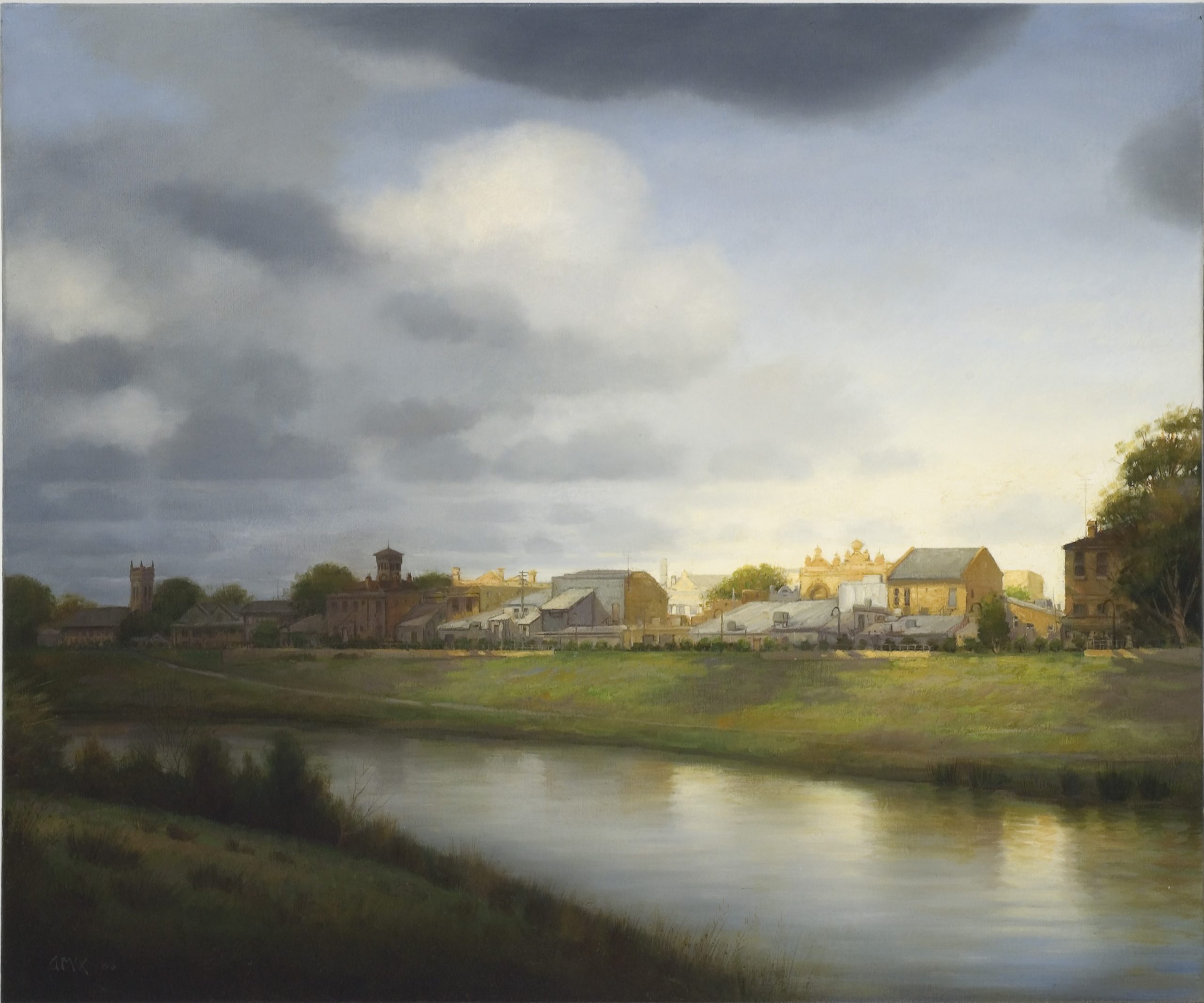 a warm, soft painting of a town in the dappled light from a crack in the cloudy sky, it sits beside a grass-lined river which reflects the sky in a dreamy way