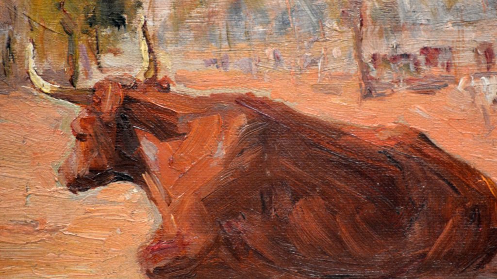 Painting of a bull sitting on the dusty red earth while other cows stand in a shaded area of the background; strokes of paint are applied liberally, rich in dark reds and browns