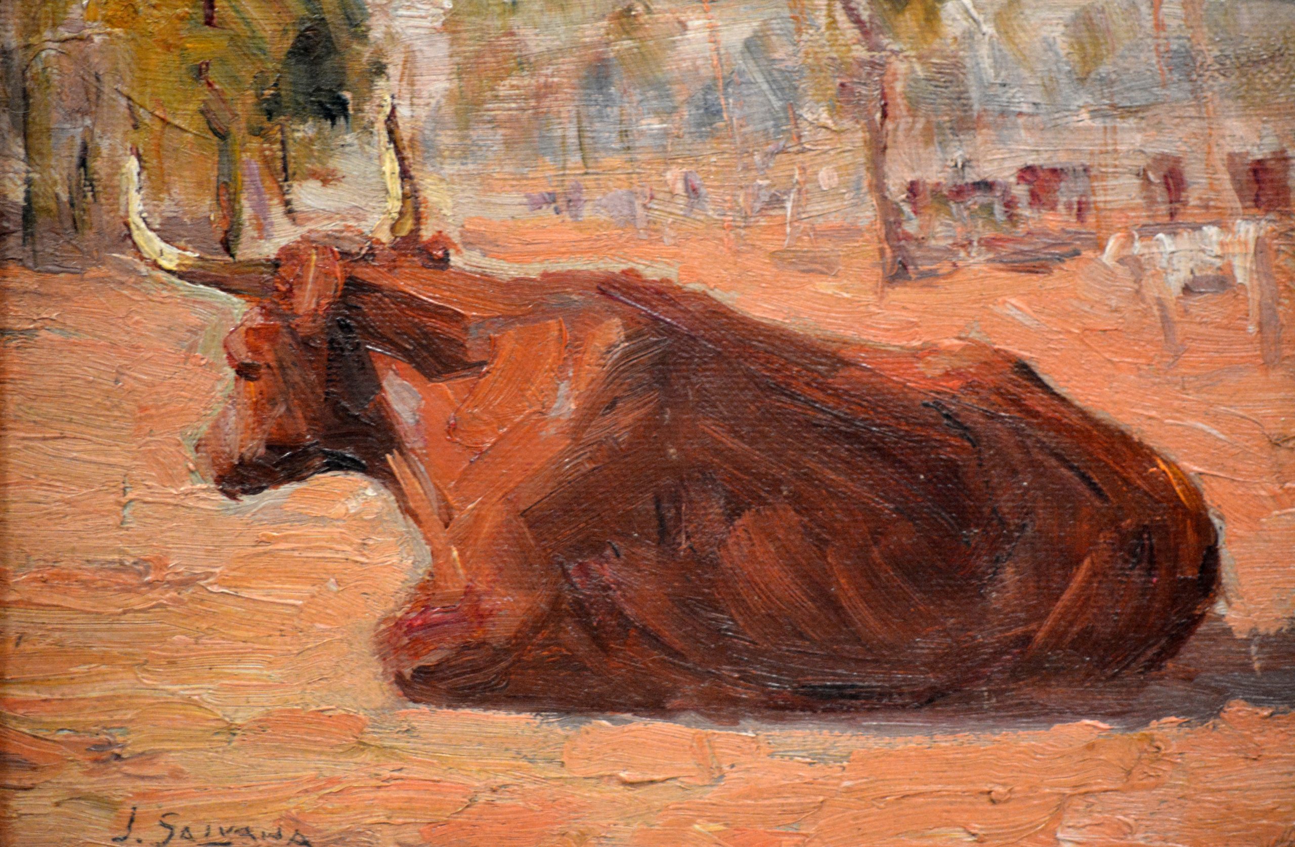 Painting of a bull sitting on the dusty red earth while other cows stand in a shaded area of the background; strokes of paint are applied liberally, rich in dark reds and browns