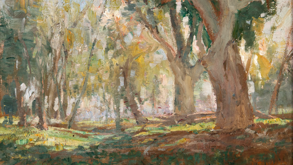 Painting of a billabong with warm, rich tones of green and brown, sunlight streams brightly through impressions of trees.
