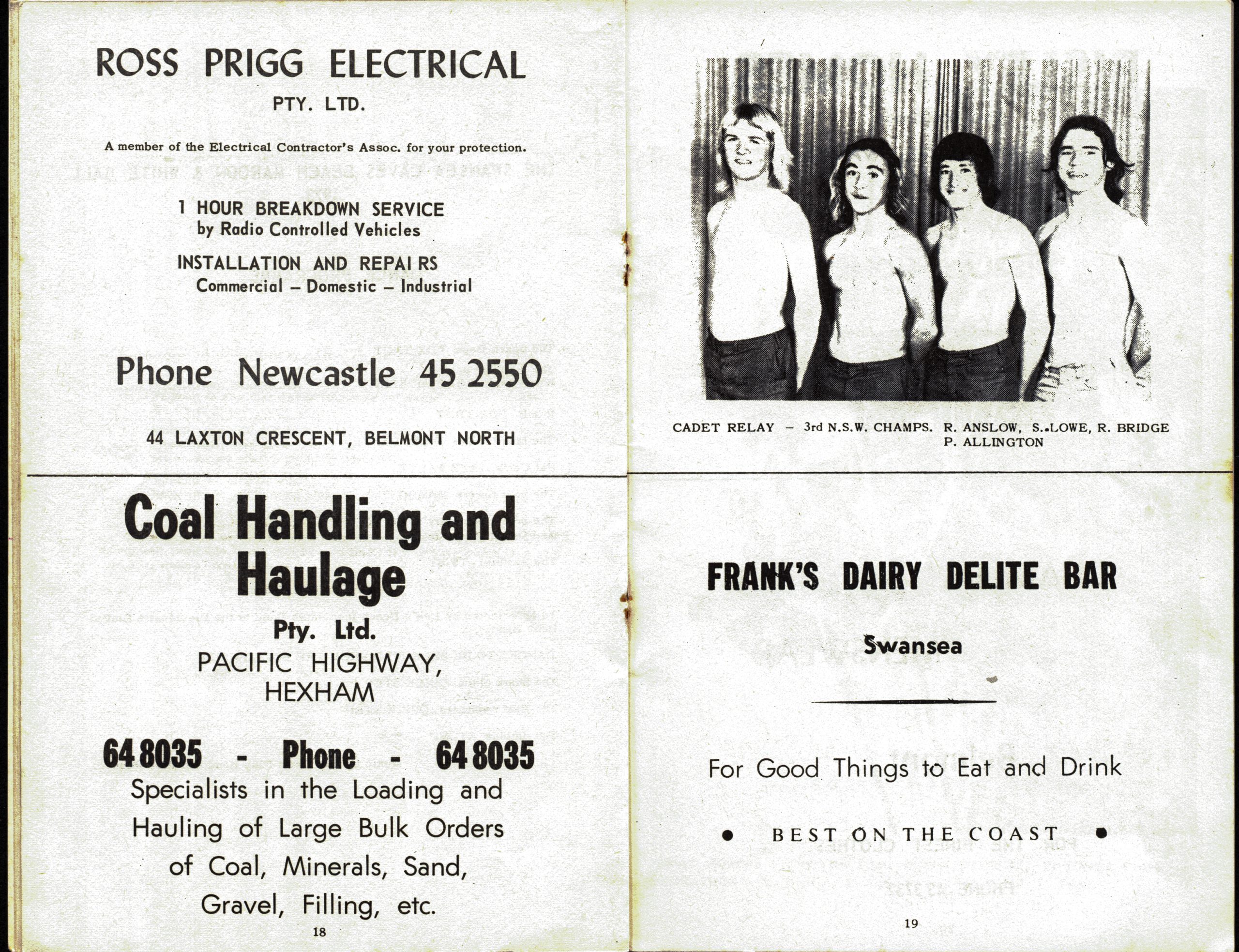Programme pages with local advertisements followed by a black and white photograph of four, shirtless swim cadets with longer, surfer hair.