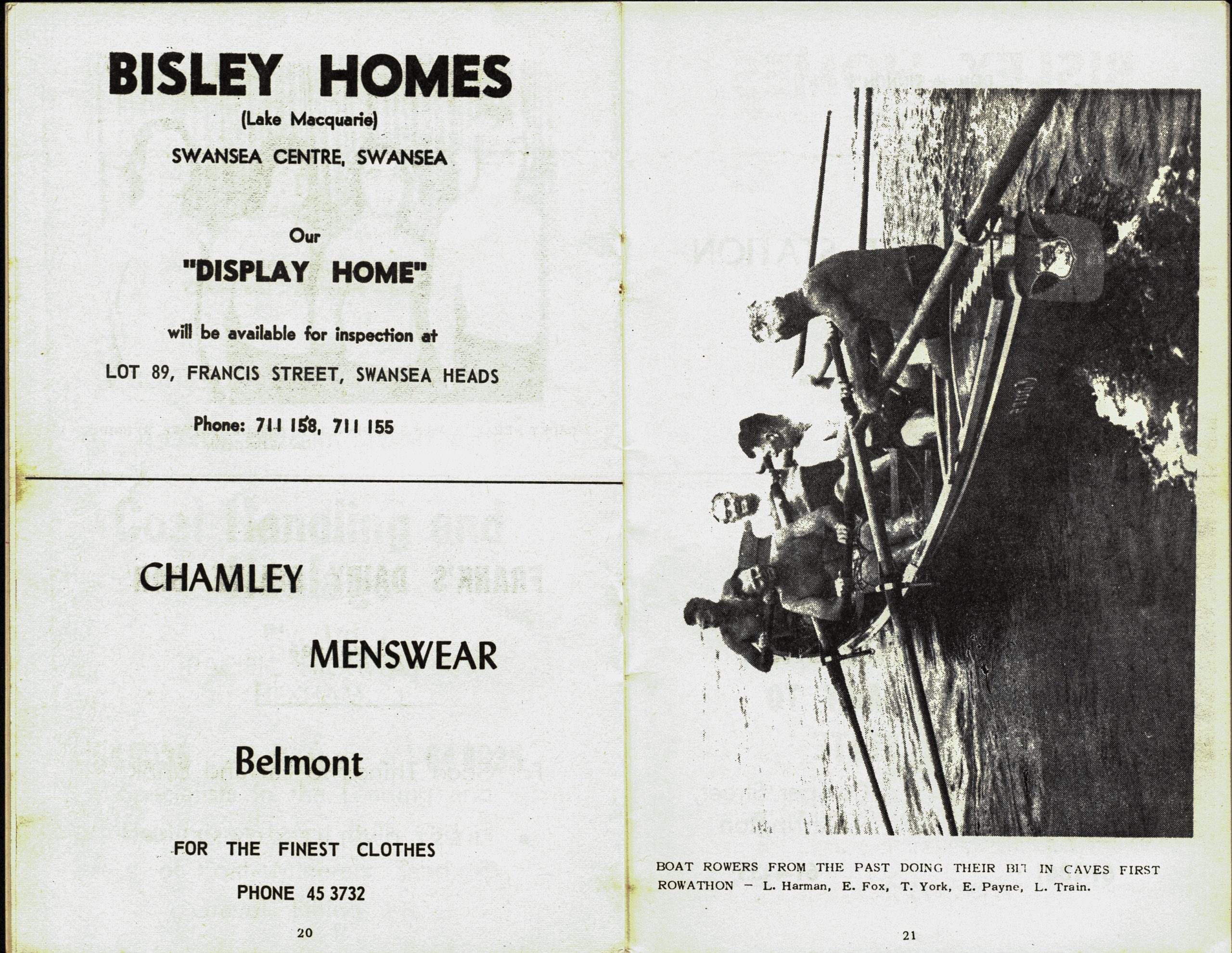 Programme pages with local advertisements followed by a black and white photograph of life savers rowing a surf boat in a marathon.