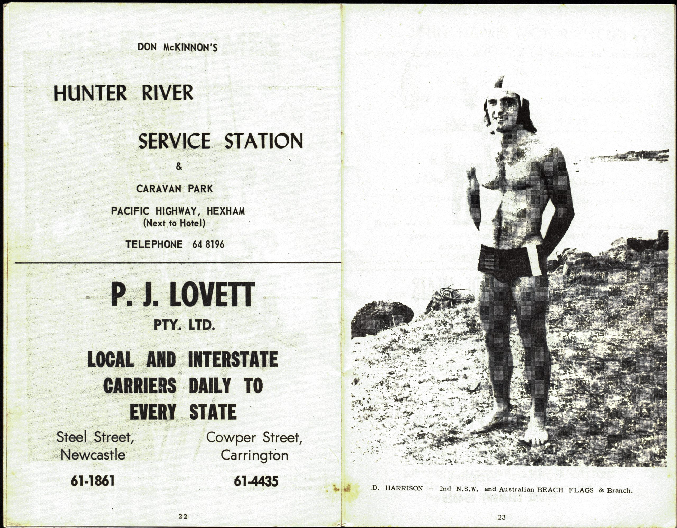 Programme pages with local advertisements followed by a black and white photograph of a life saver in swimmers named D. Harrison.