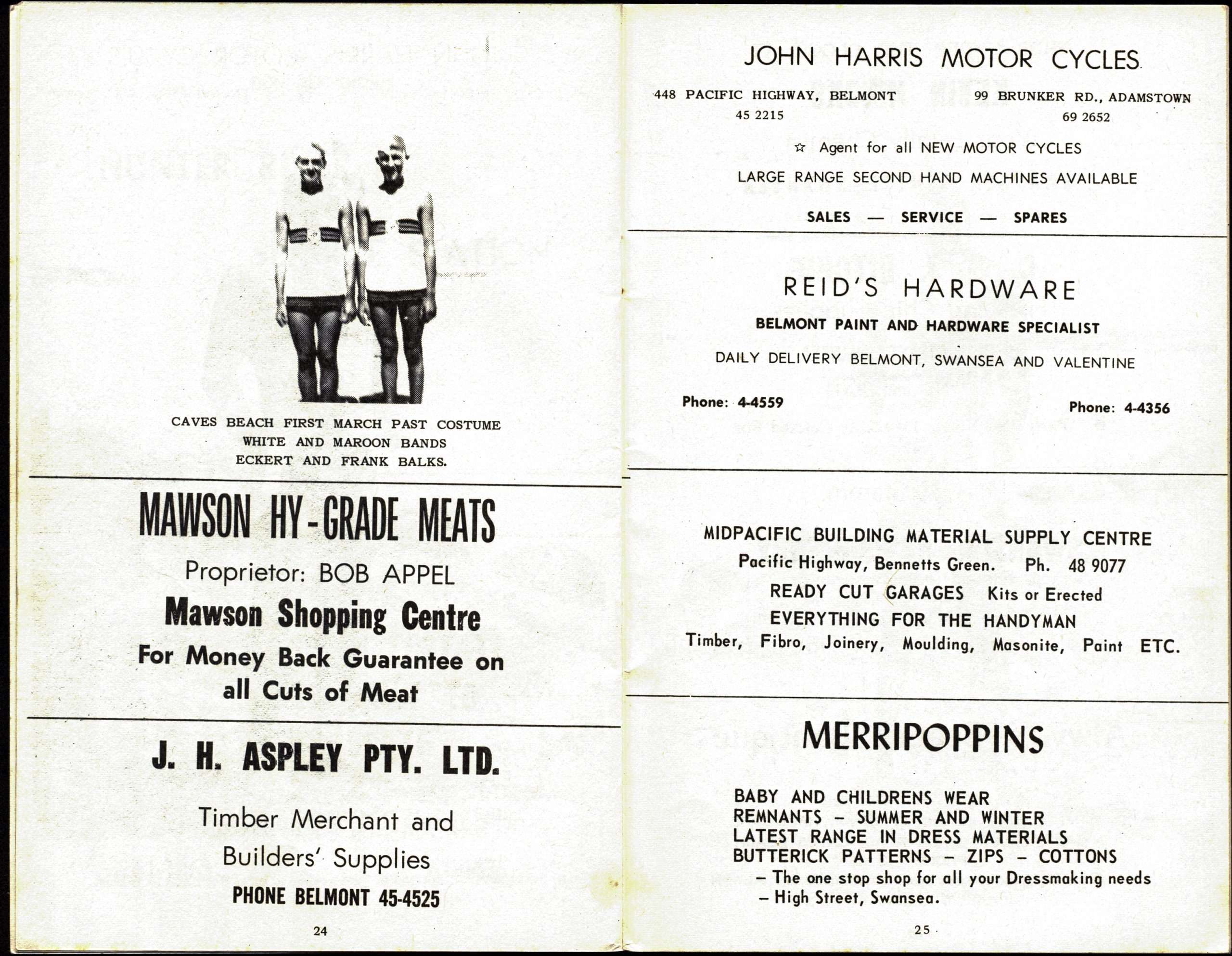 Programme pages with local advertisements including a black and white photograph of two life savers in March Past uniforms, including a swim cap, shorts, and singlet.