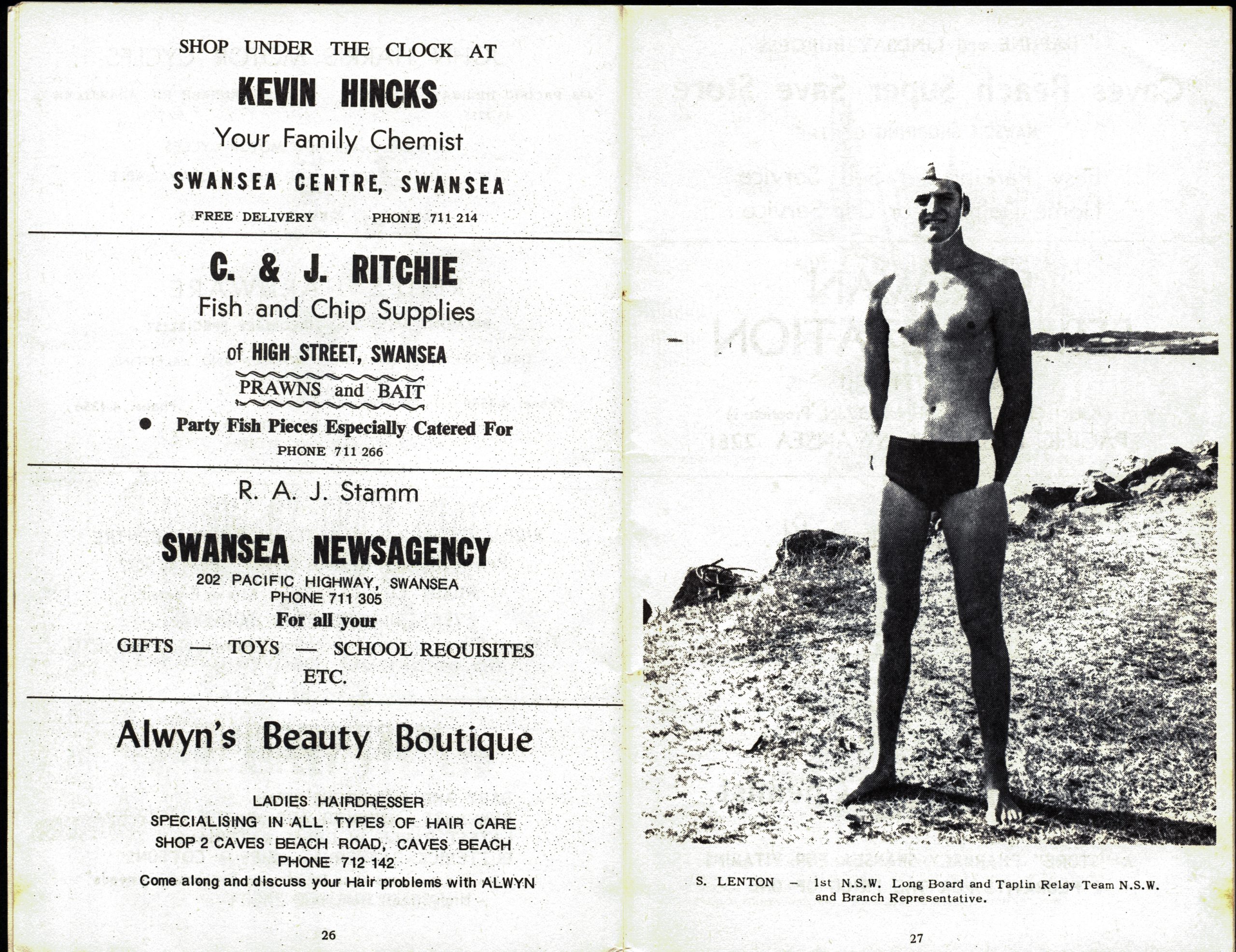 Programme pages with advertisements followed by a black and white photograph of a life saver in swimmers named S. Lenton.