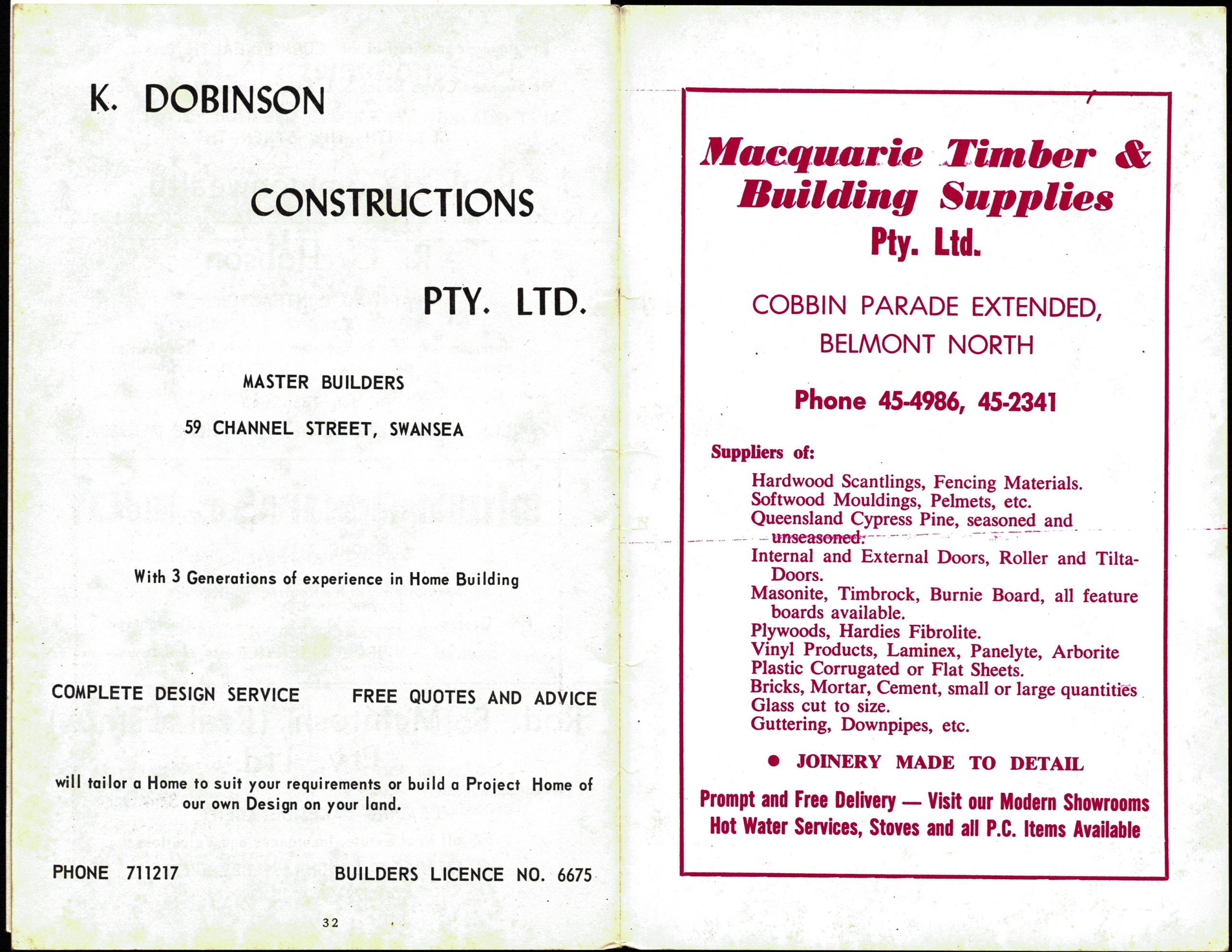 Yellowed programme pages with pink and black text advertising K. Dobindon Constructions and Macquarie Timber & Building Supplies.