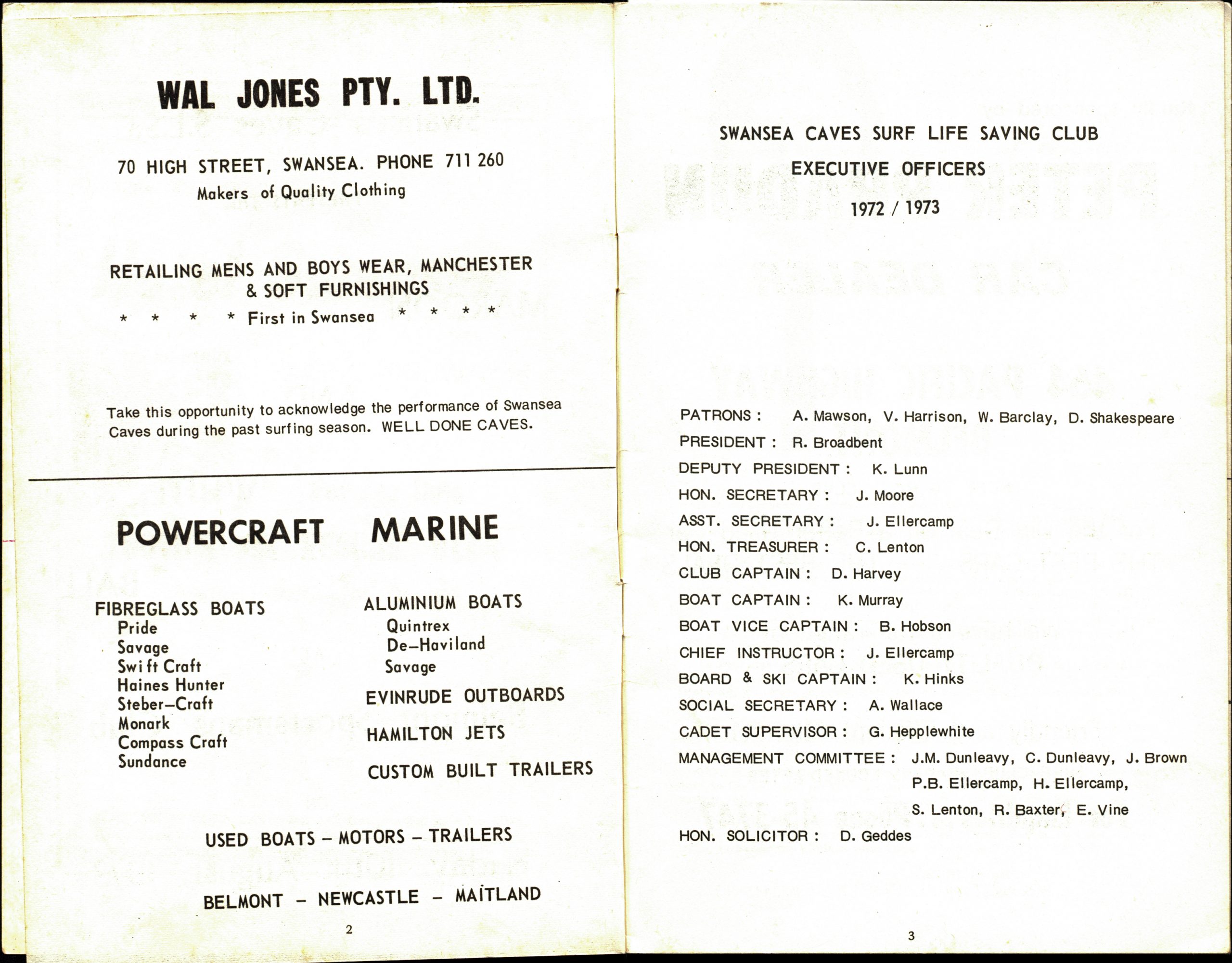 Programme pages with local advertisements followed by a list of the Swansea Caves Surf Life Saving Club committee.