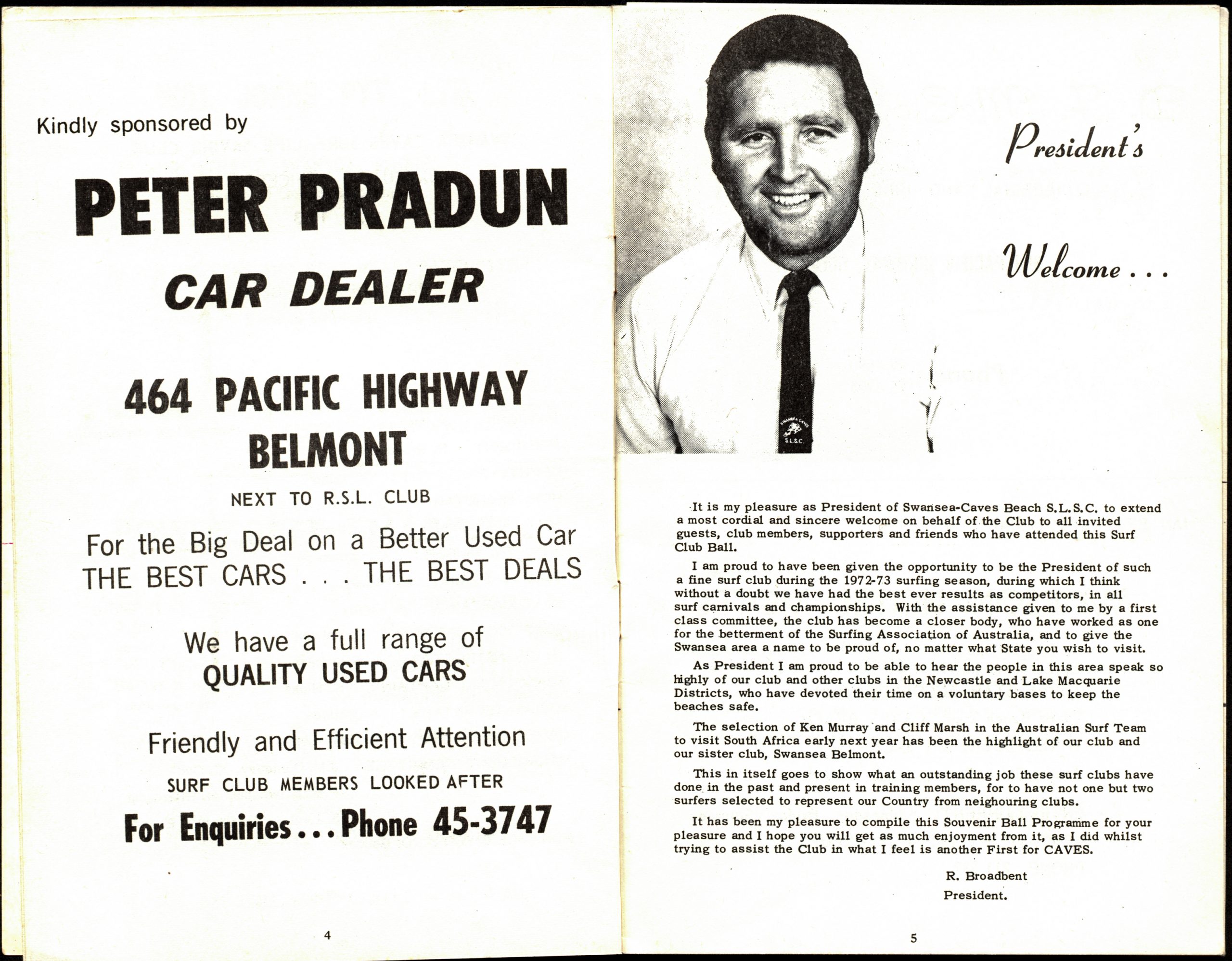 Programme pages with local advertisements followed by a black and white photograph of the club president, R. Broadbent, smiling in a shirt and tie alongside a welcome message to those attending the Surf Club Ball,