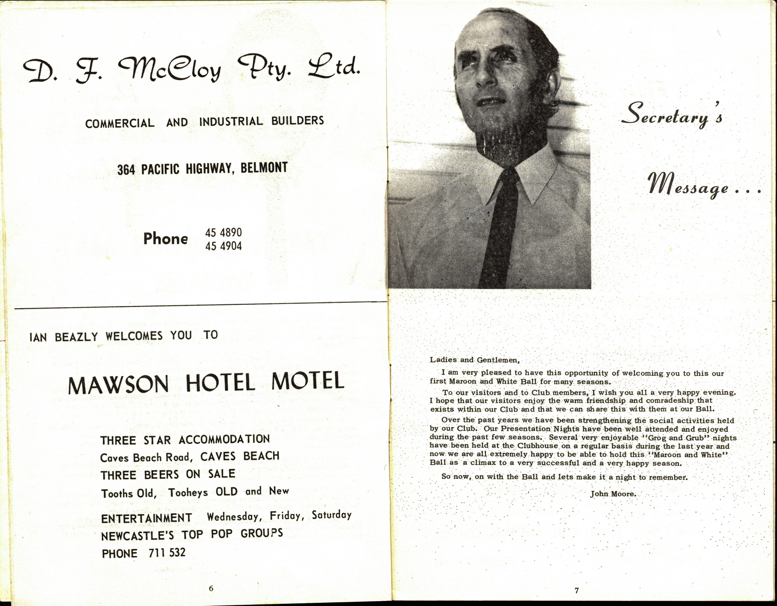 Programme pages with local advertisements followed by a black and white photograph of the club secretary, John Moore, in a shirt and tie alongside a message to those attending the Surf Club Ball,
