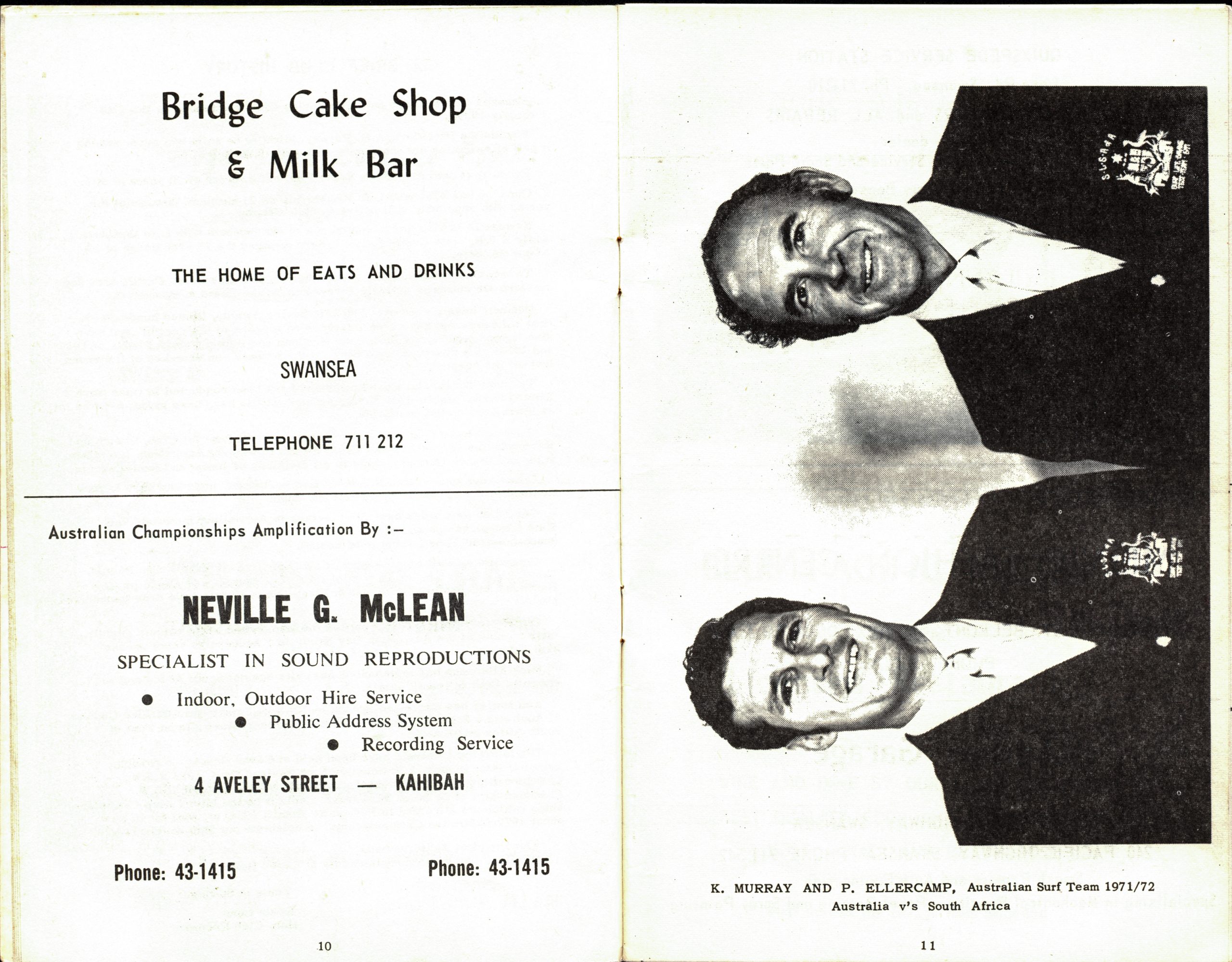 Programme pages with local advertisements followed by a black and white photograph of two men in suits with crests on the breast pocket, their names are K. Murray and P. Ellercamp.