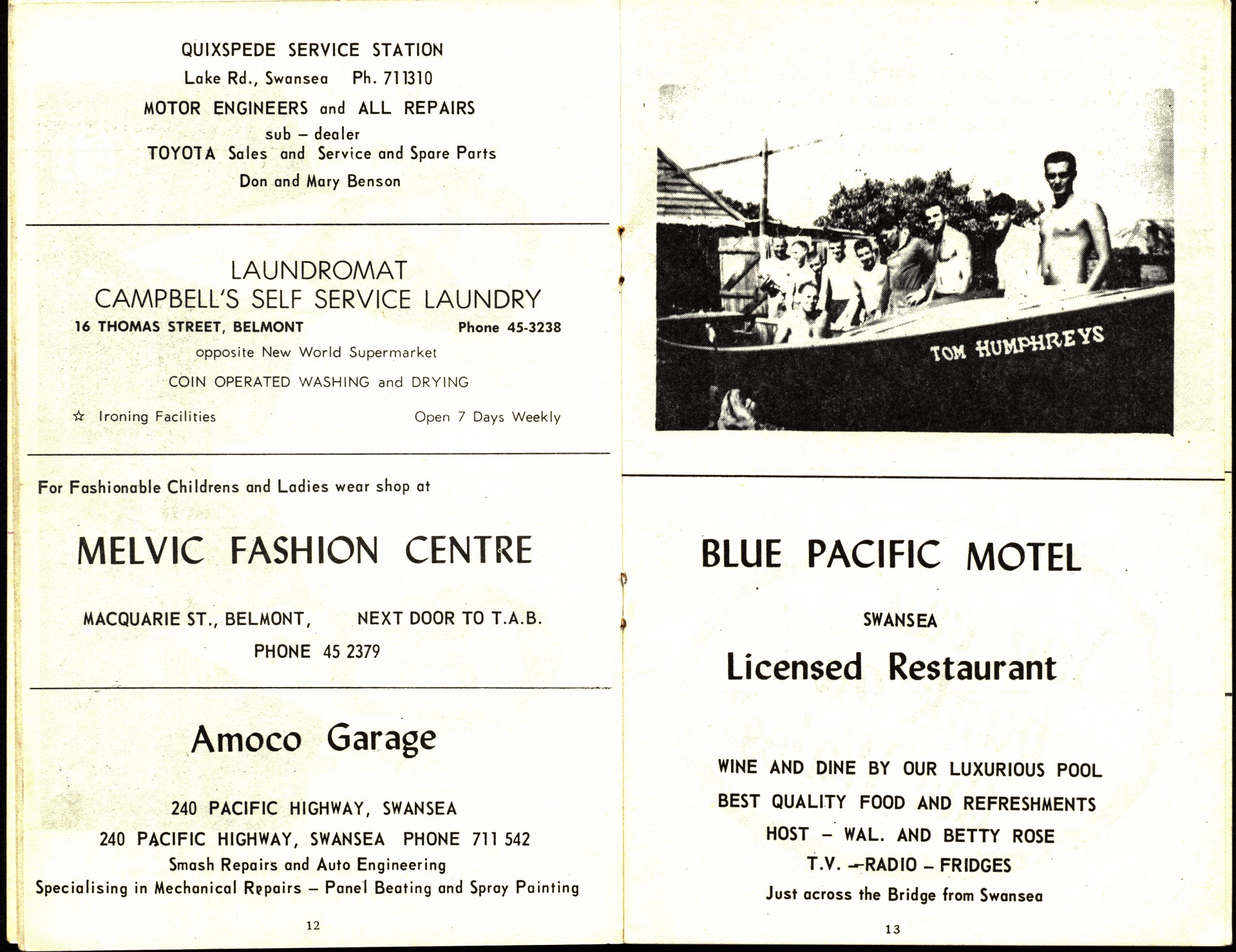 Programme pages with local advertisements followed by a black and white photograph of life savers casually standing behind a surf boat called "Tom Humphreys."