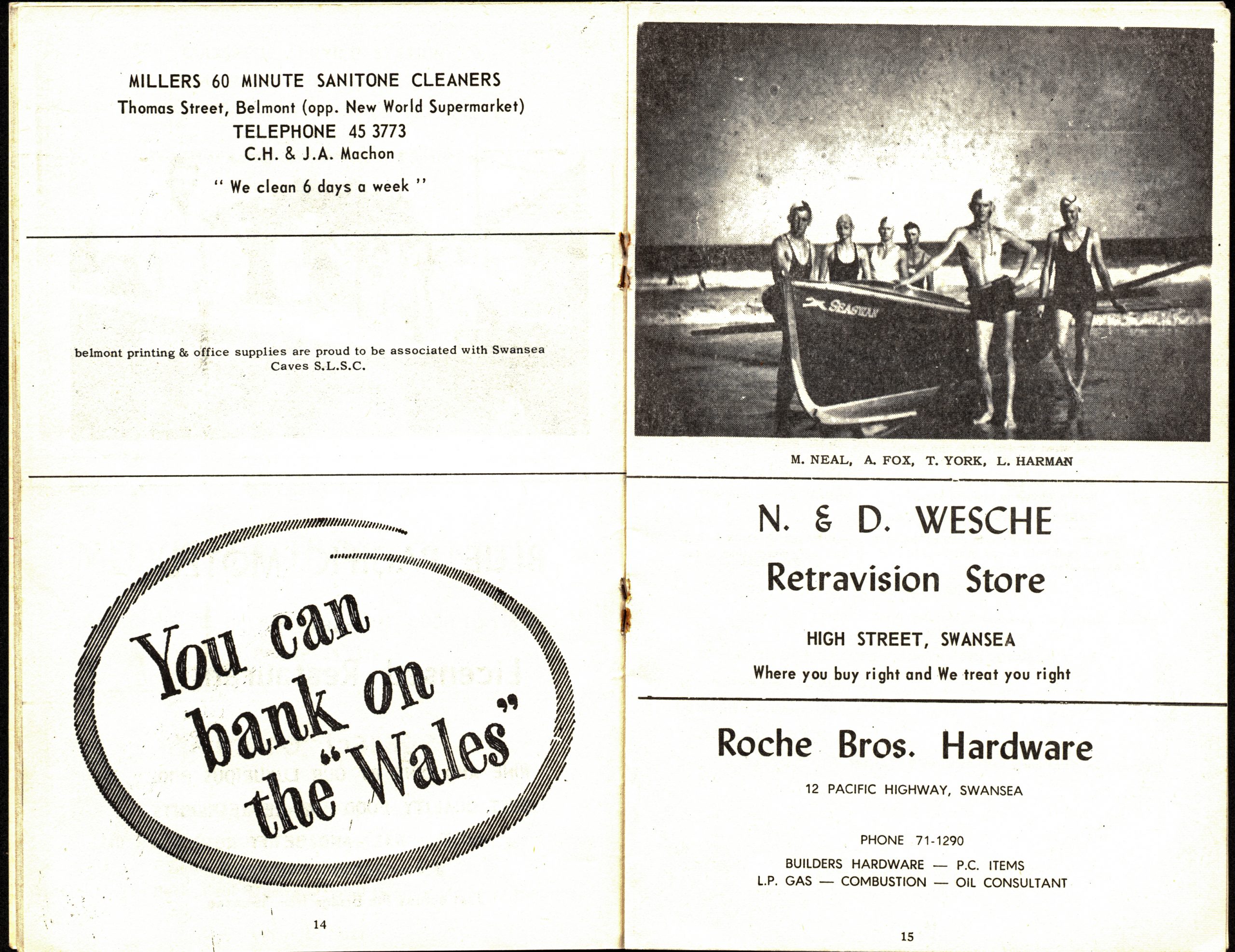 Programme pages with local advertisements followed by a black and white photograph of life savers standing around a surf boat on the sand, their names are M. Neal, A. Fox, T. York, and L. Harman.