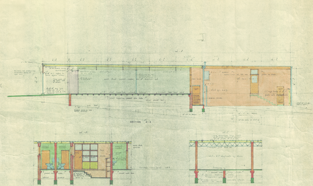 Architectural drawing, coloured with greens and oranges, depicting a cross-section of the building.