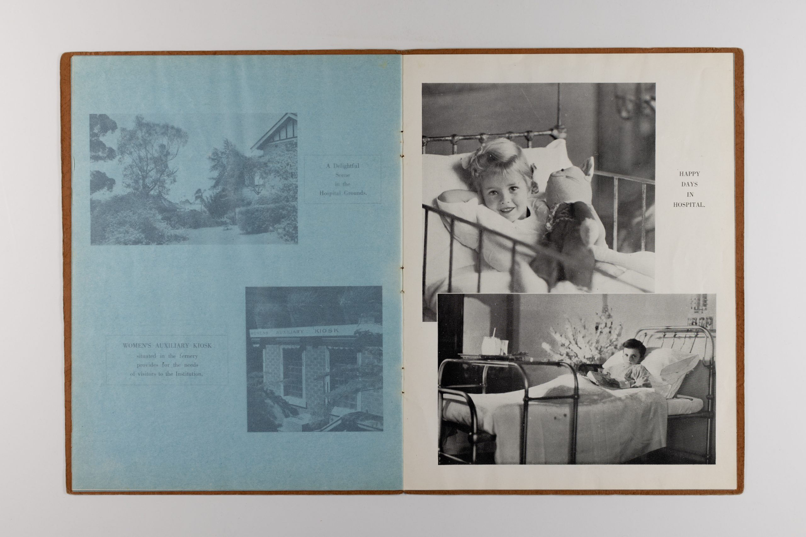 open pages of booklet, the left page is a semi-transparent blue page, the right page has photographs of happy children in hospital beds