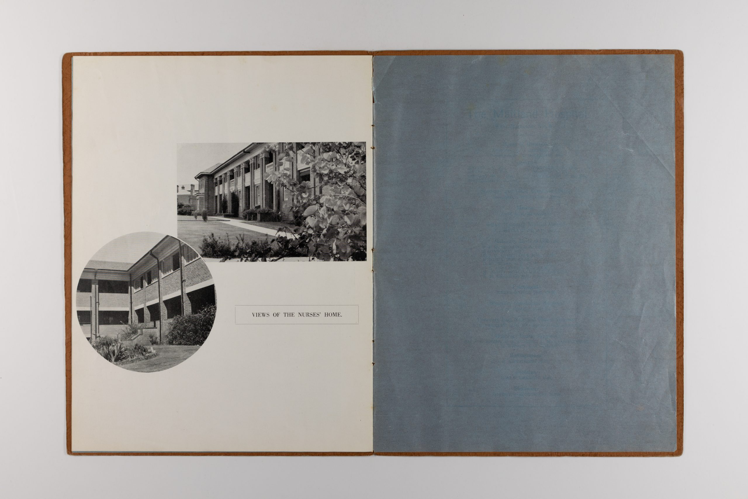 open pages of booklet, the left page has photos of the nurses' home, the right page is a semi-transparent blue page