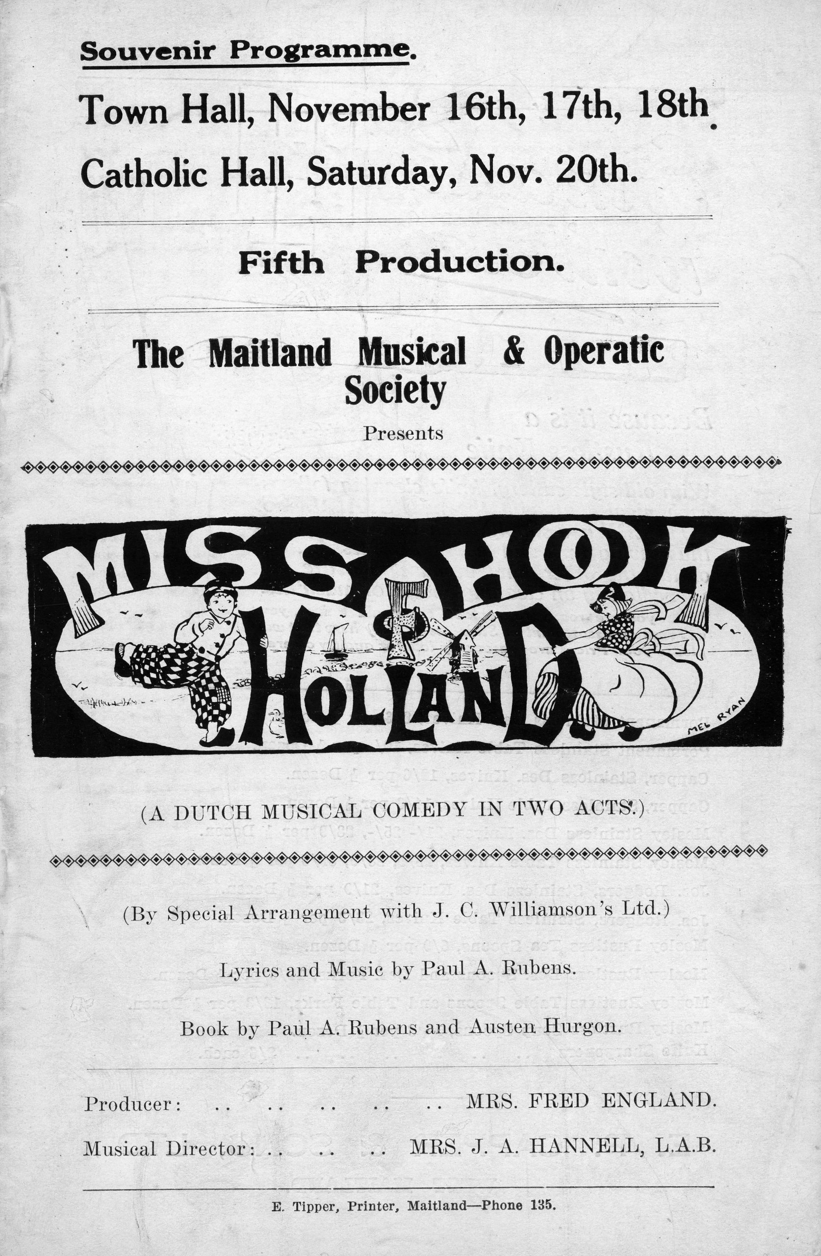 Title page of the souvenir musical programme for "Miss Hook of Holland (A DUTCH MUSICAL COMEDY IN TWO ACTS)" presented by The Maitland Musical & Operatic Society. A graphic features an illustration of a Dutch boy and girl gripping the title on whiel standing in a meadow - a windmill in the distance.