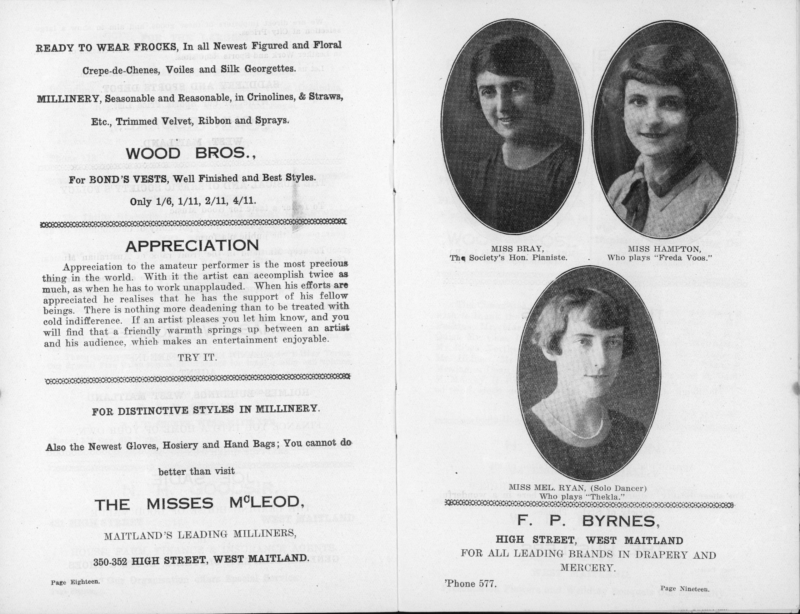 Text advertisements for ready to wear frocks and millinery sit beside black and white photos of the cast, including Miss Bray (the pianist), Miss Hampton (who plays 'Freda Voos'), and Miss Mel Ryan (a dancer who plays 'Thekla'). Each of them has quite short hair, curled around the ears.