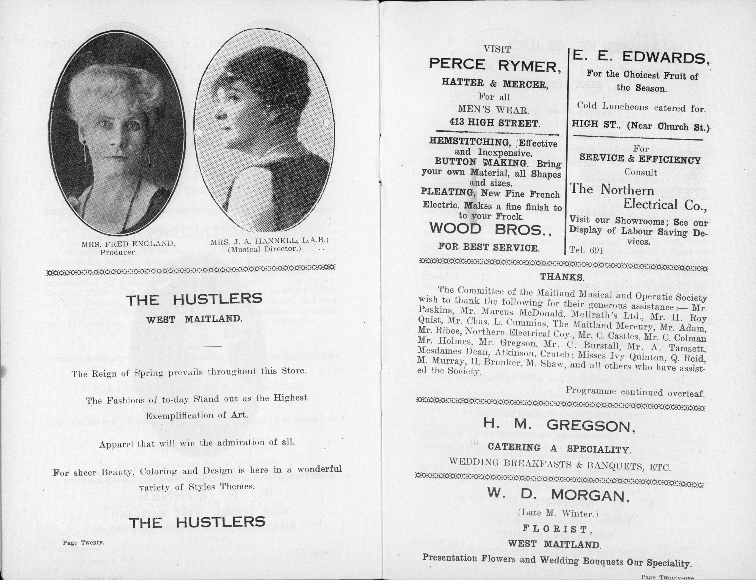 Text advertisements for various stores selling menswear, fruit, and catering. Two photographic portraits of the Producer, Mrs Fred England, and Musical Director, Mrs J.A. Hannell, L.A.B., are also displayed.