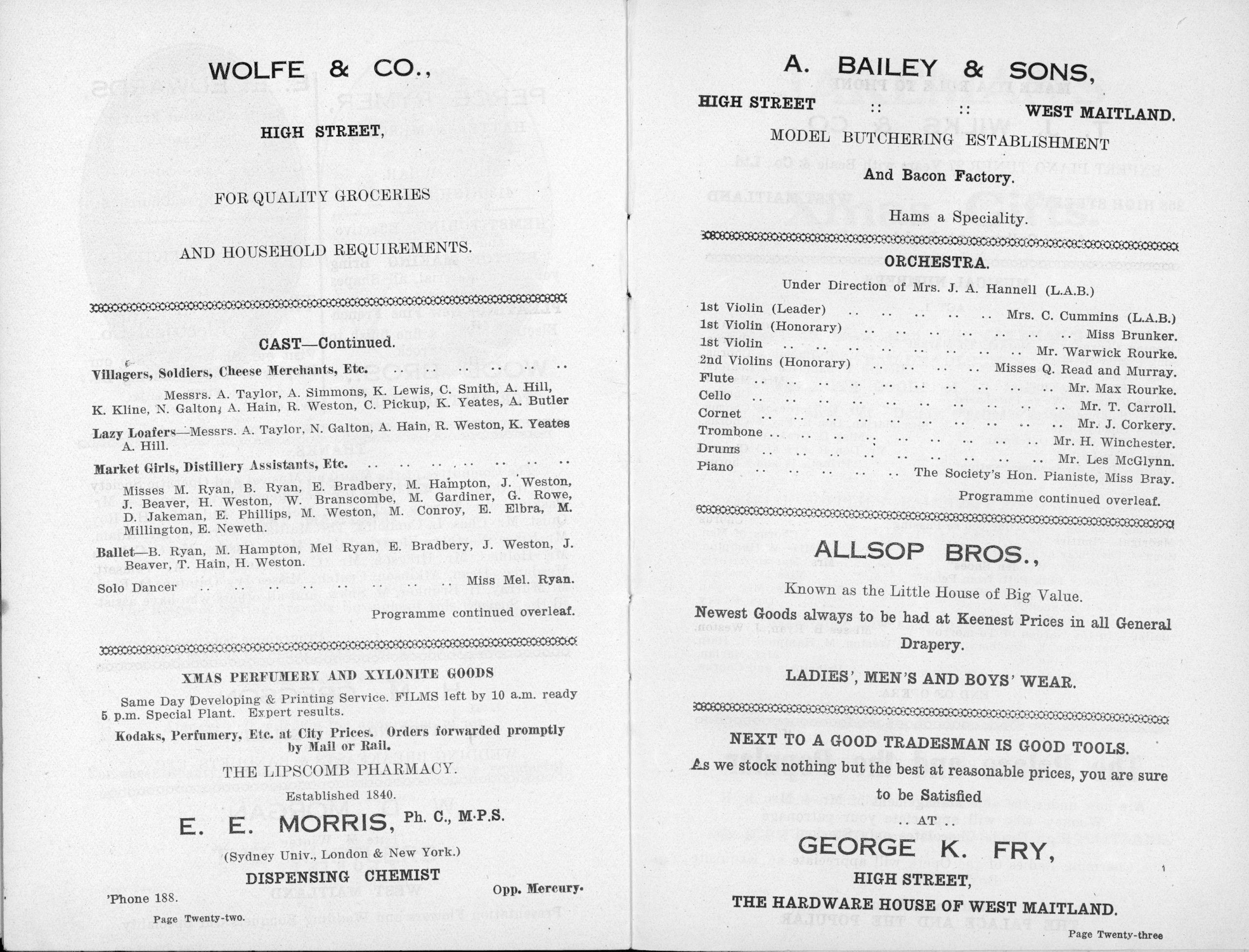 Cast and ochestra list amid text advertisements for a grocery store, Wolfe & Co., and butcher, A. Bailey & Sons.