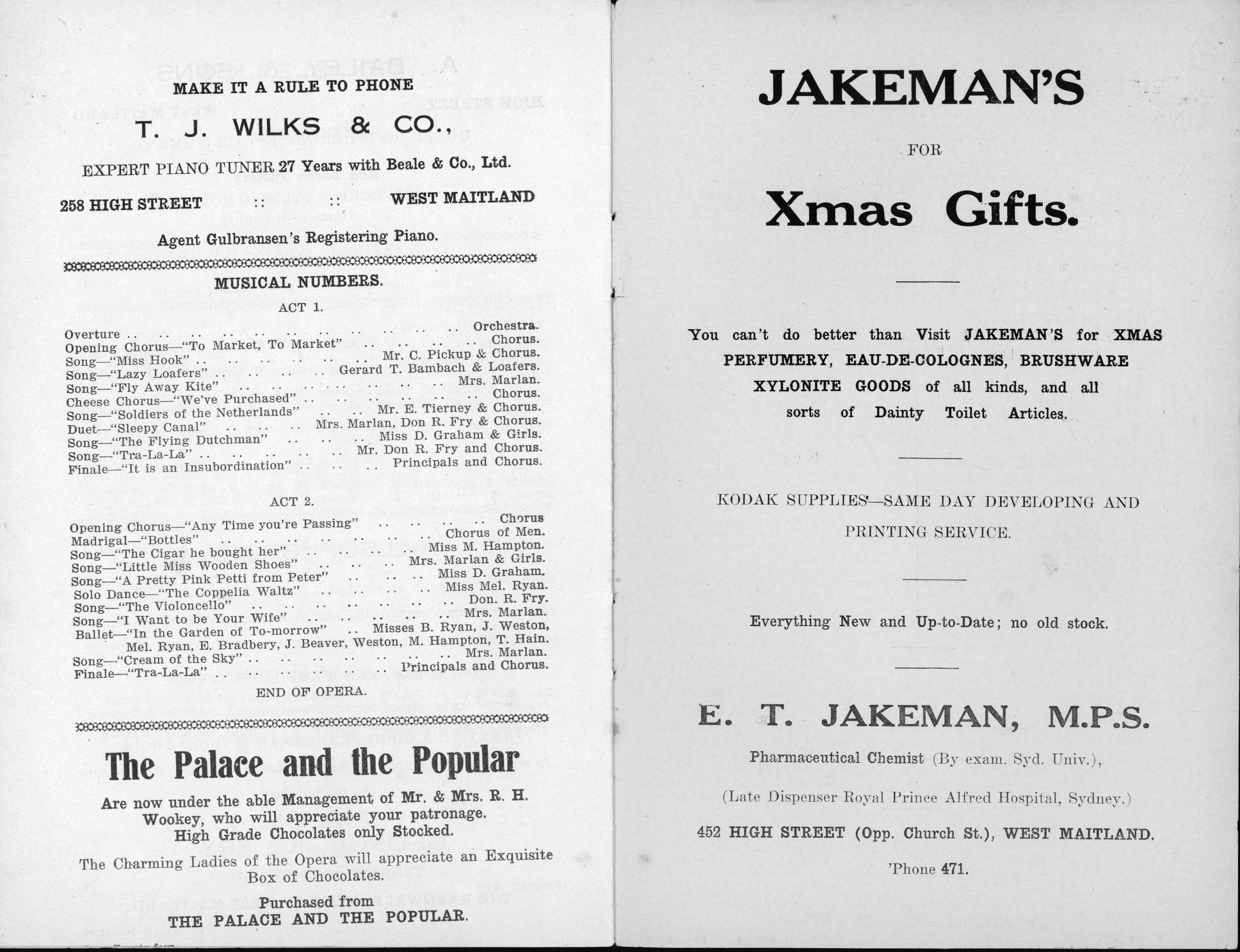 List of musical numbers amid text advertisements for a piano tuner, T.J. Wilks & Co, and a pharmacy, Jakeman's.