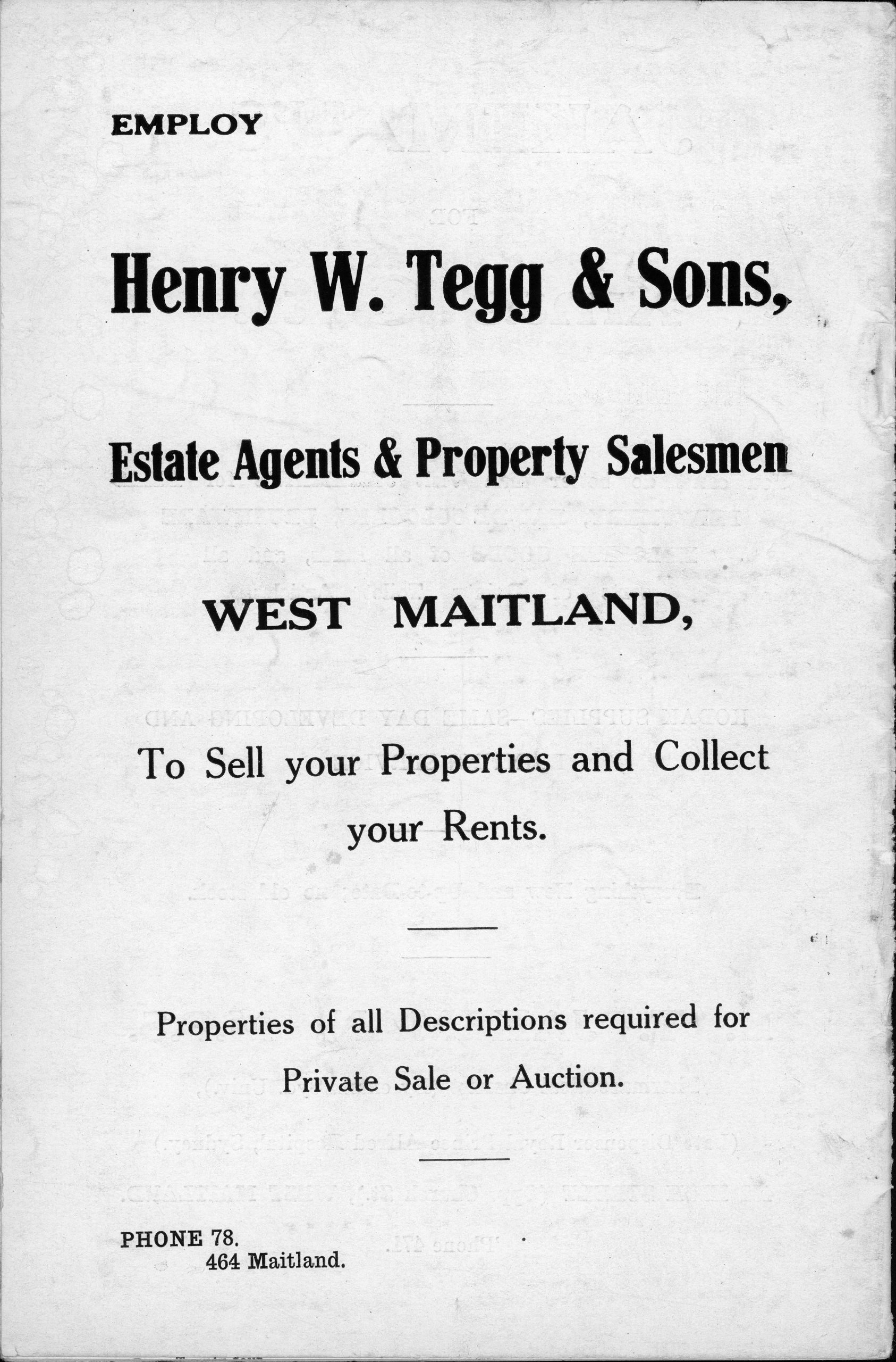 Advertisement for Henry W. Tegg & Sons, Estate Agents & Property Salesmen, in West Maitland