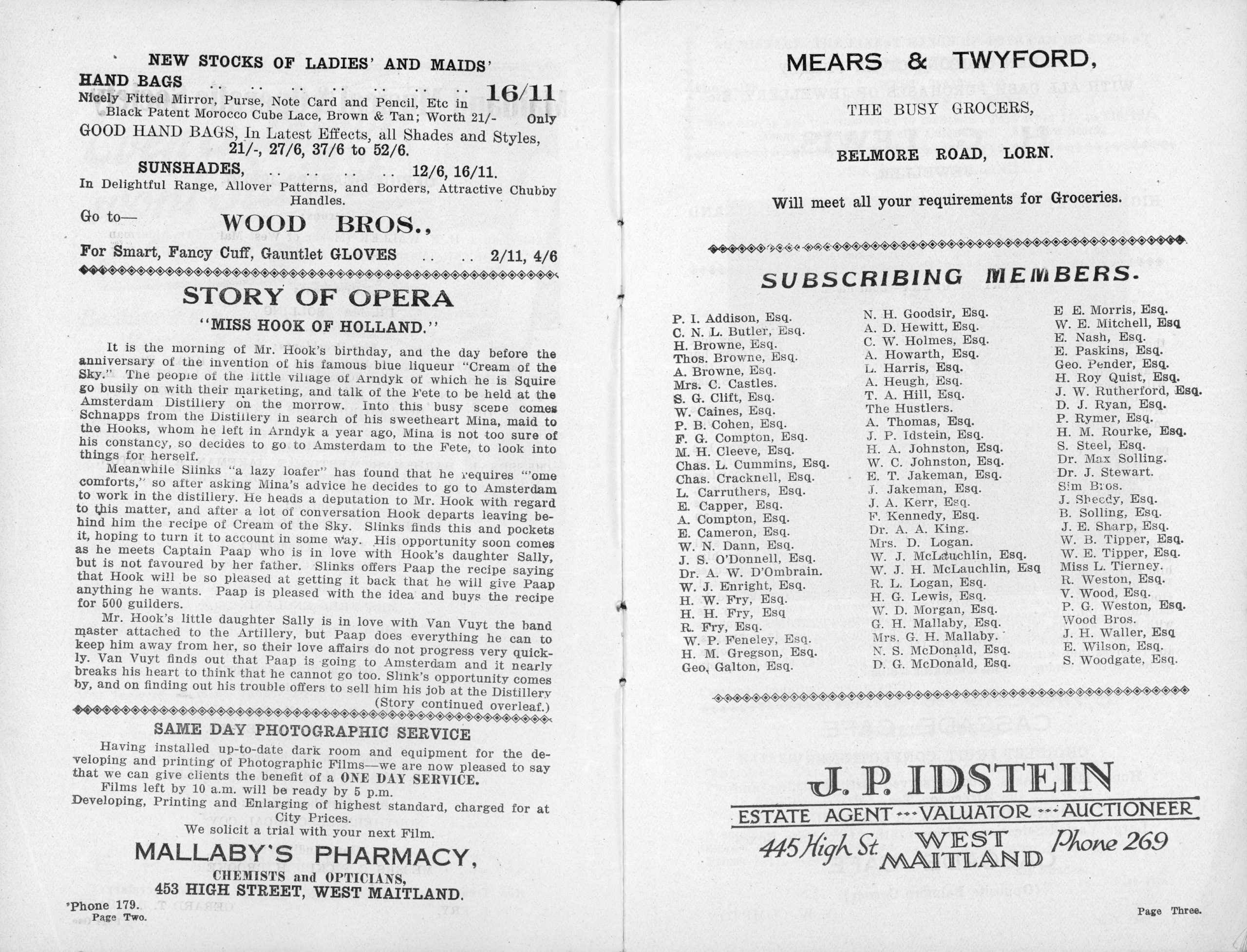 Text advertisements for a real estate agent, pharmacy, and grocer sit around pagea detailing the story of the opera and a list of subscribing members.