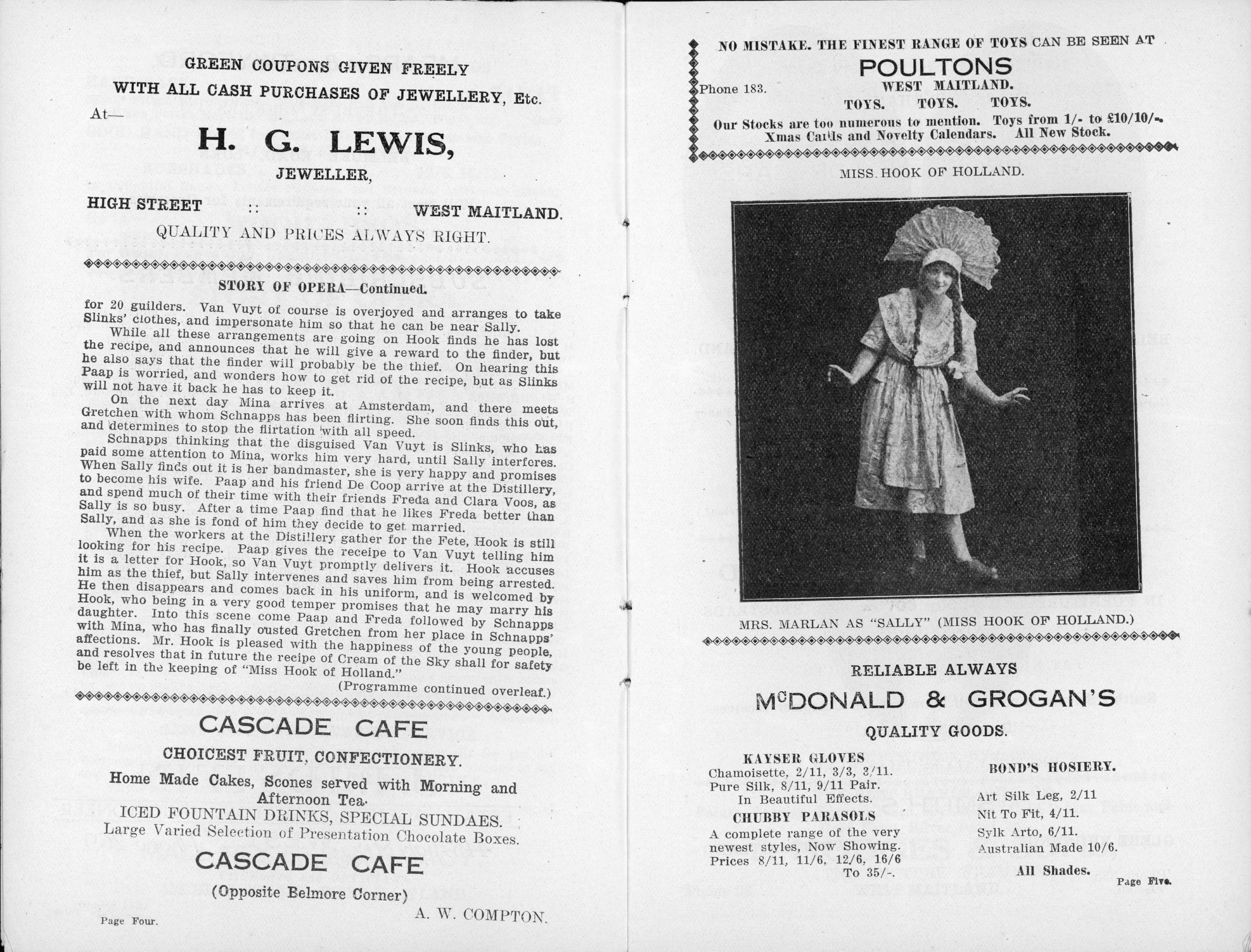 Page detailing the story of the opera alongside a photograph of Mrs Marlan as 'Sally,' the lead role. Her hair is in two long plaits emerging from a hat/bonnet which sits on her head and creates a lace fan on top of her head essentiall as wide as her shoulders. She wears a lacey dress and is in movement, as if soon to curtsy.
