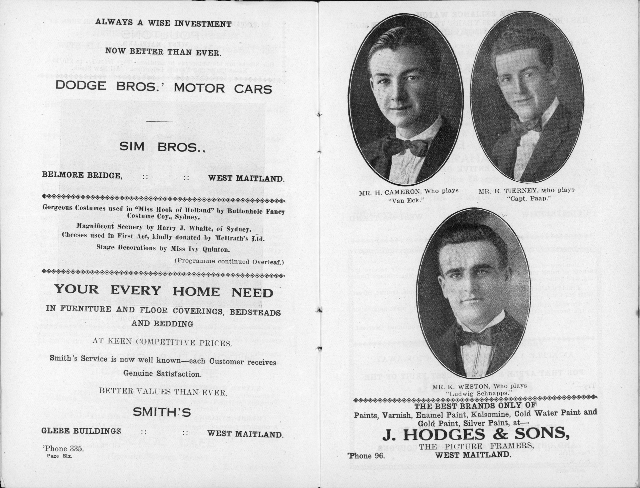 Text advertisements for motor cars, furniture, and picture framing alongside three photographs of cast members: Mr H. Cameron (as 'Van Eck'), Mr E. Tierney (as 'Capt. Paap'), and Mr K. Weston (as 'Ludwig Schnapps').