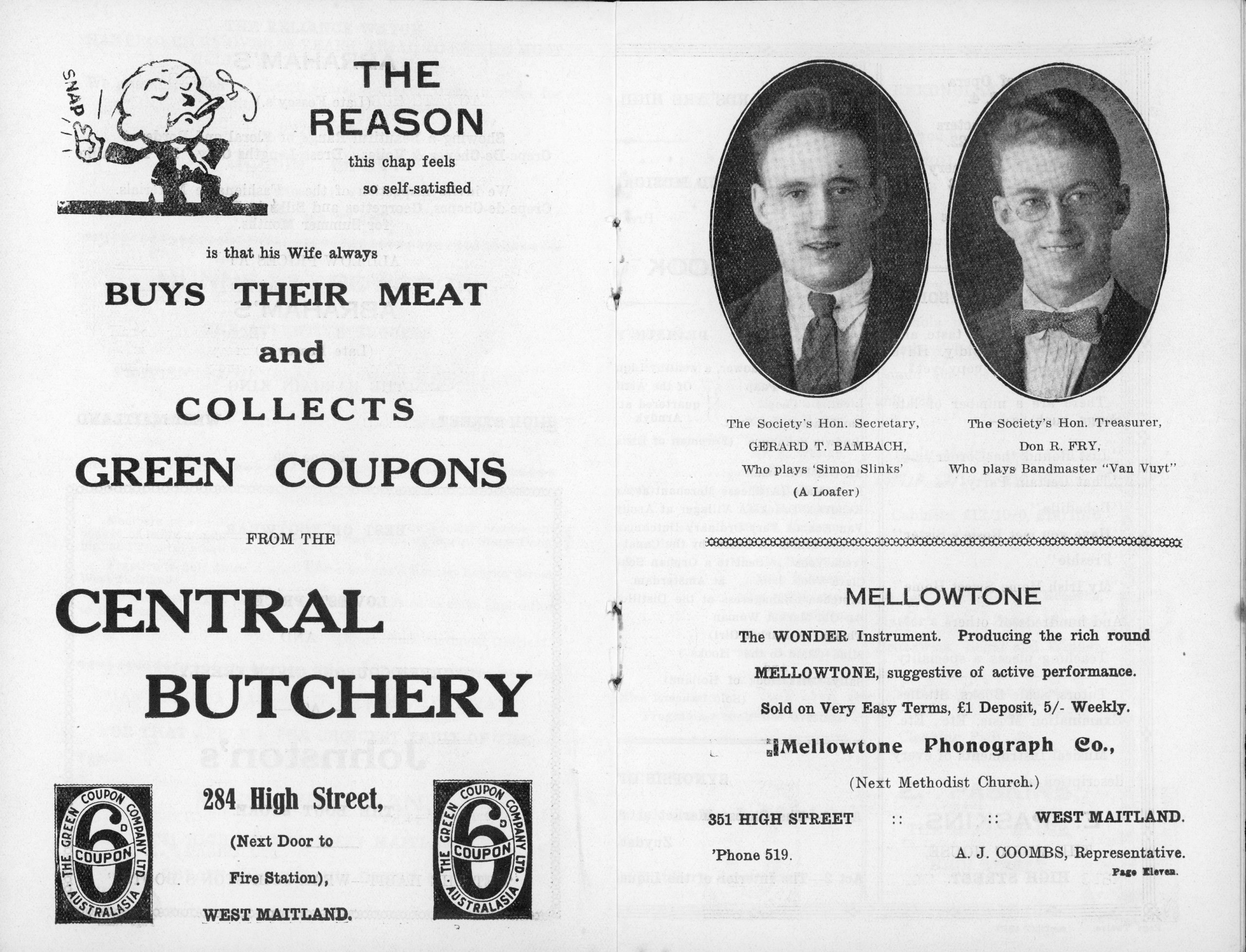 Text advertisement for "Central Butchery" in West Maitland alongside two photographs of Society secretaries, Gerard T. Bambach and Don R. Fry, who also appear in the show. Both wear suits, one dons a tie while the other a bowtie and spectacles.