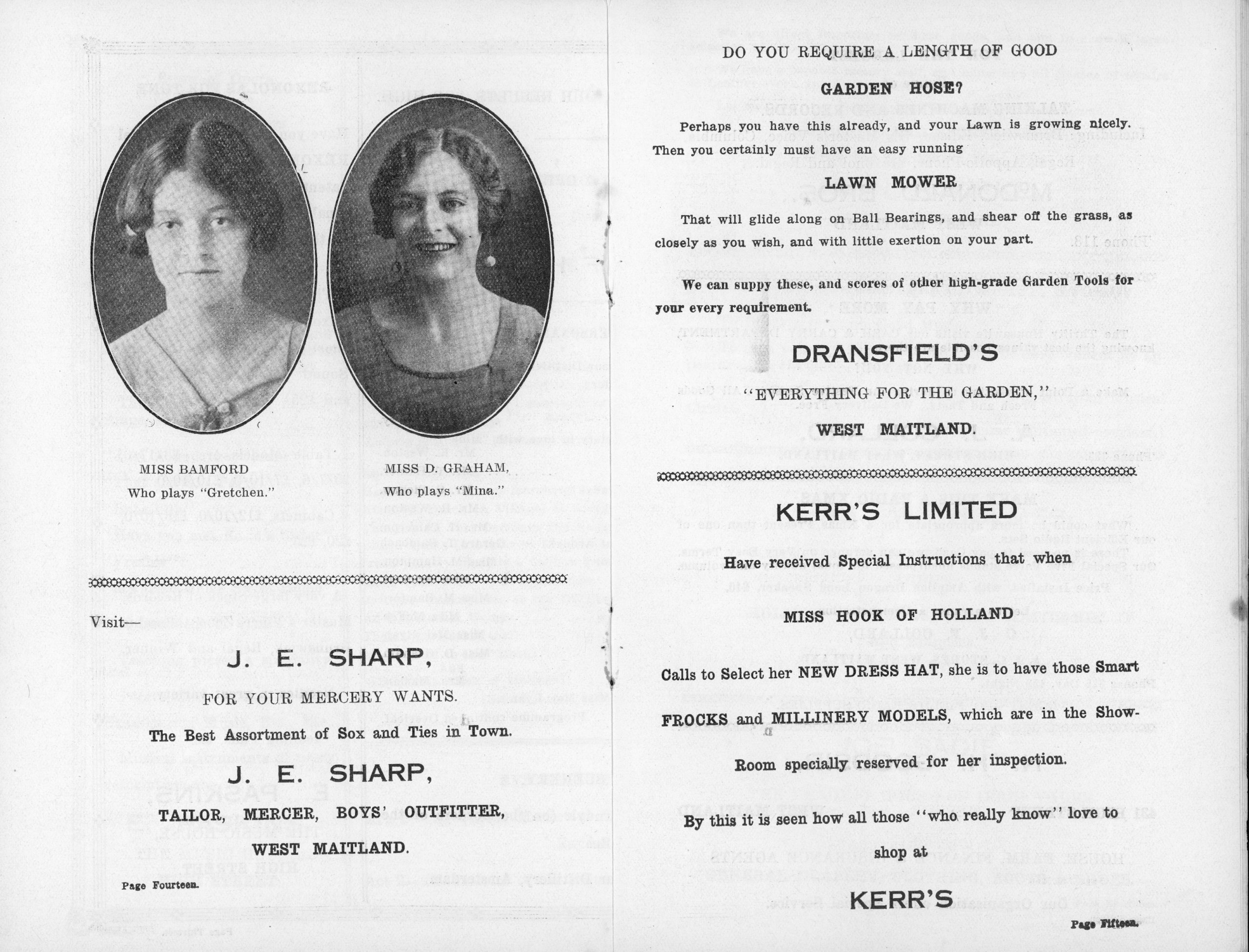 Text advertisements for tailoring, garden equipment, and millinery sit beside photographs of Miss Bamford (who plays 'Gretchen') and Miss D. Graham (who plays 'Mina').
