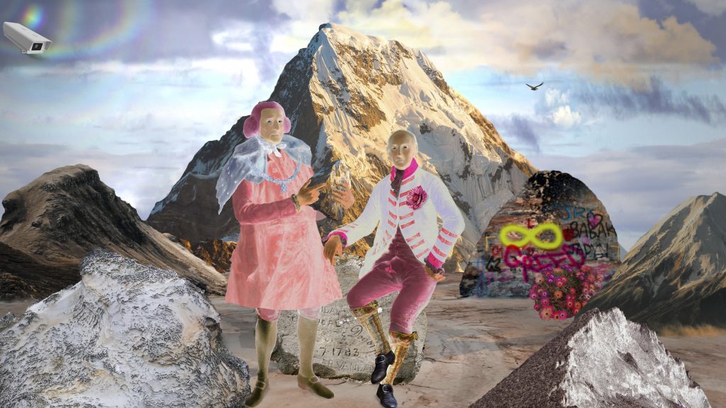Still from a psychedlic video where two colonial men, recoloured to appear pink and magenta, sit in front of a tall mountain with a security camera peering at them from above